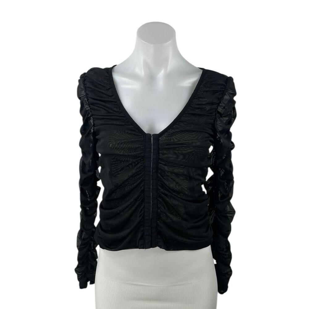 NA-KD Women's Black Mesh Ruched Long Sleeve V-neck Crop Corset Blouse Top Sz XS